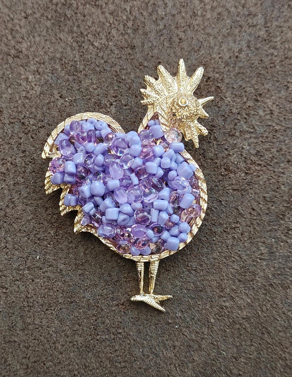 2000s Gold Tone With Purple Beads Rooster Brooch Pin