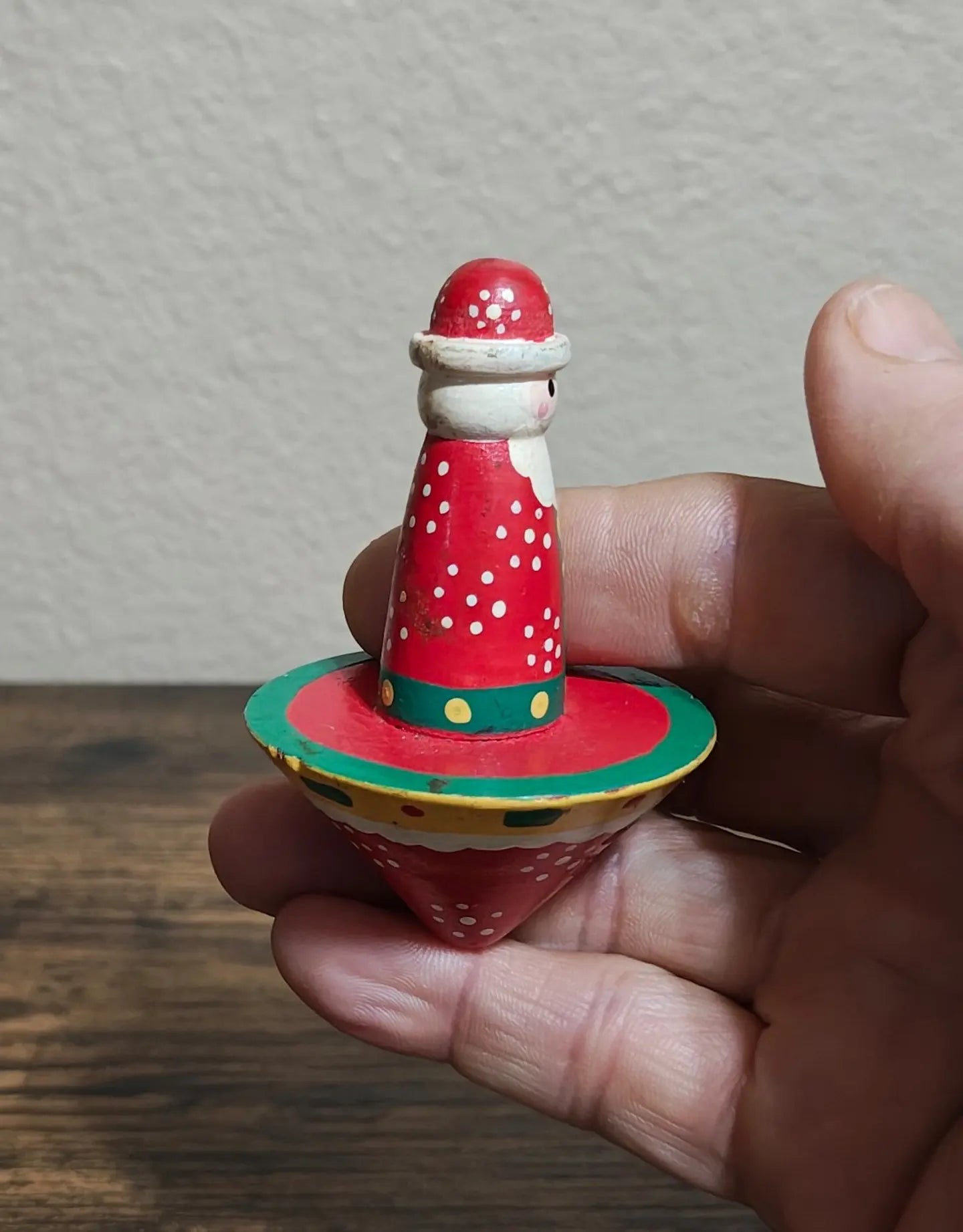 1970s Vintage Folk Art Hand Painted Santa Wooden Spinning Top Toy