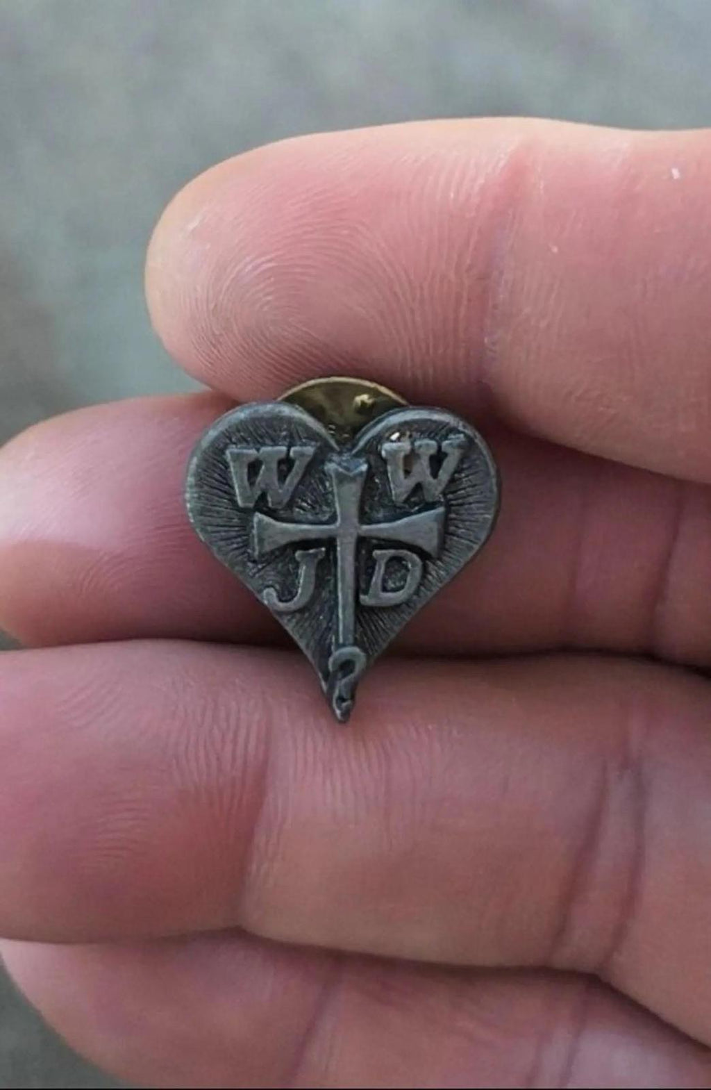 Pewter WWJD heart lapel pin with cross-like lettering detail