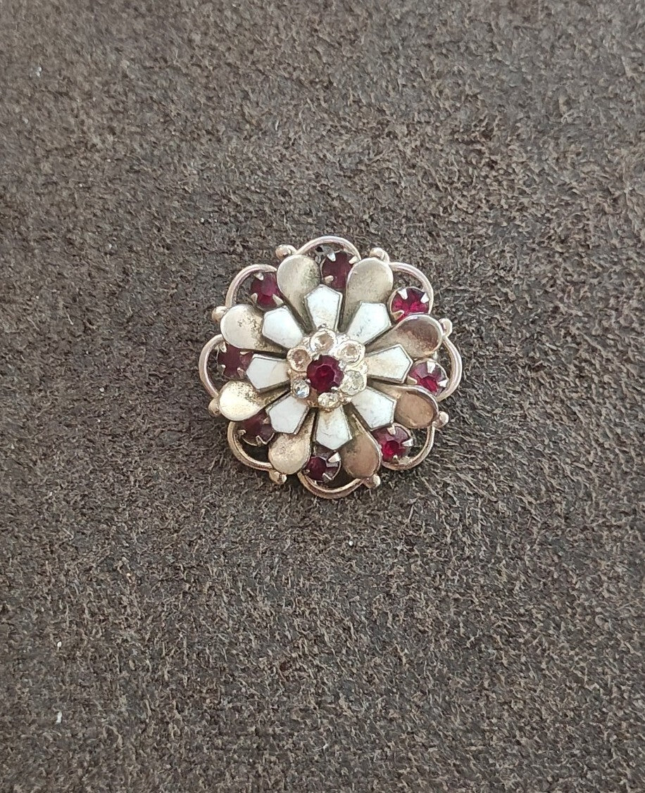 1950s Layered Flower Brooch With Red Rhinestones Gold Tone White Enamel Brooch