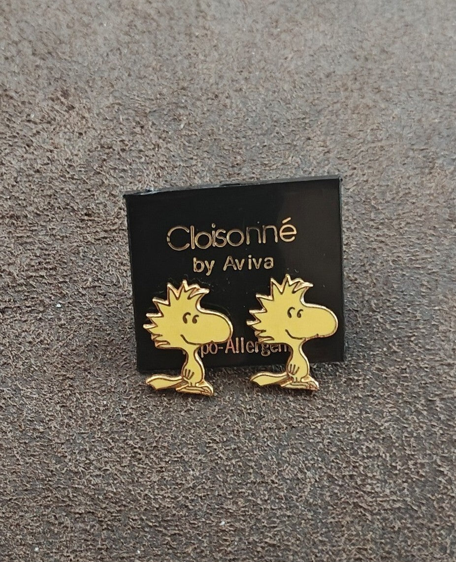 1970s Peanuts Woodstock Gold Tone Cloisonné Enamel Stud Earrings New