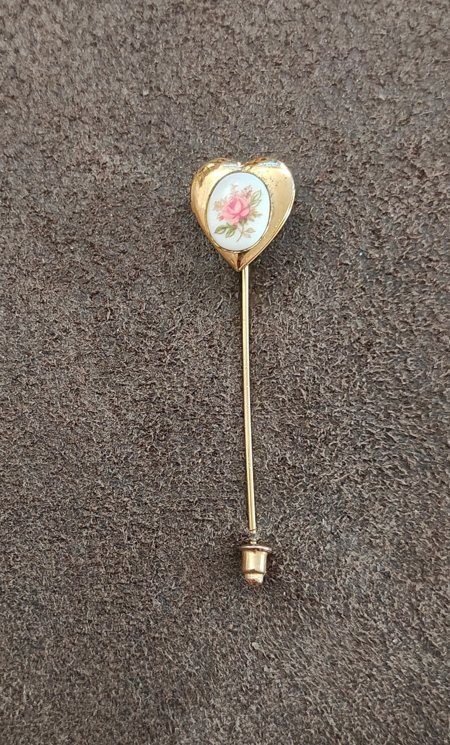 1970s/80s Gold Tone Victorian Revival Style Heart Shaped Floral Locket Stick Pin