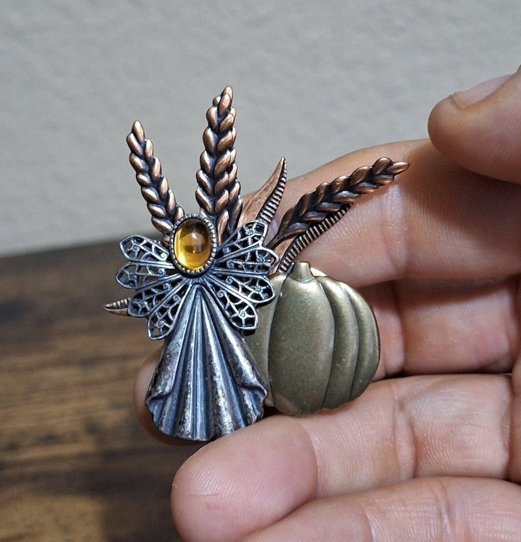 90s Tri-Color Fall Harvest Angel Pin Brooch