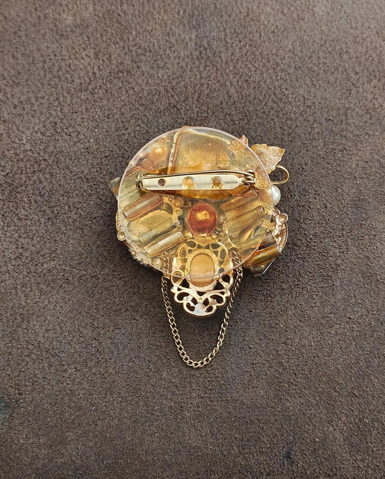 1980s Handmade Collage of  Beads Faux Pearls Etc. Gold Tone Brooch