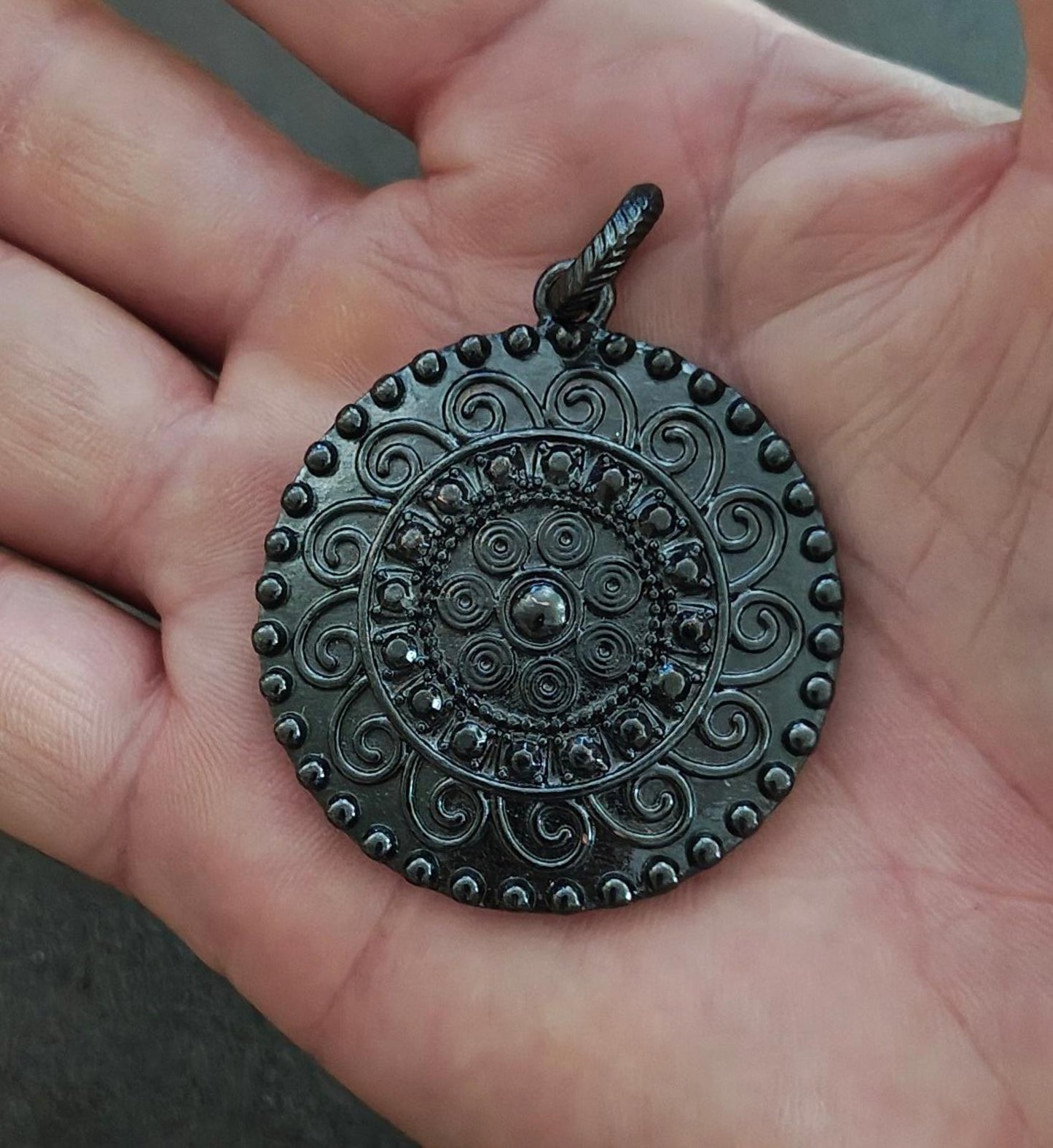 1990s Gun Metal Round Floral Design Pendant