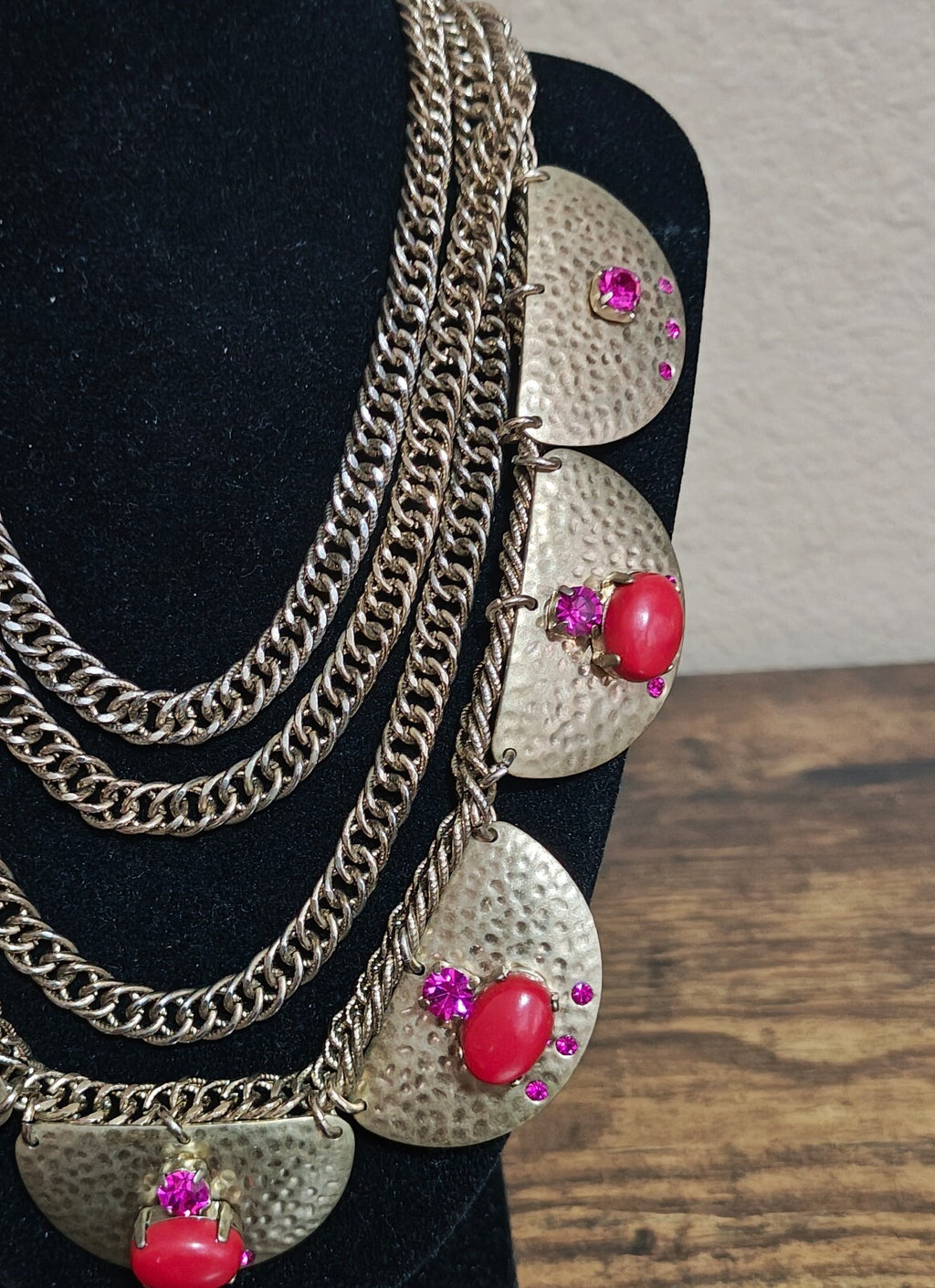 2000s Sequin Gold Tone Rhinestones & Red Stones Statement Necklace