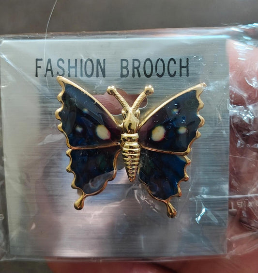 1980s Vintage Gold Tone Dark Blue Butterfly Brooch Pin New.