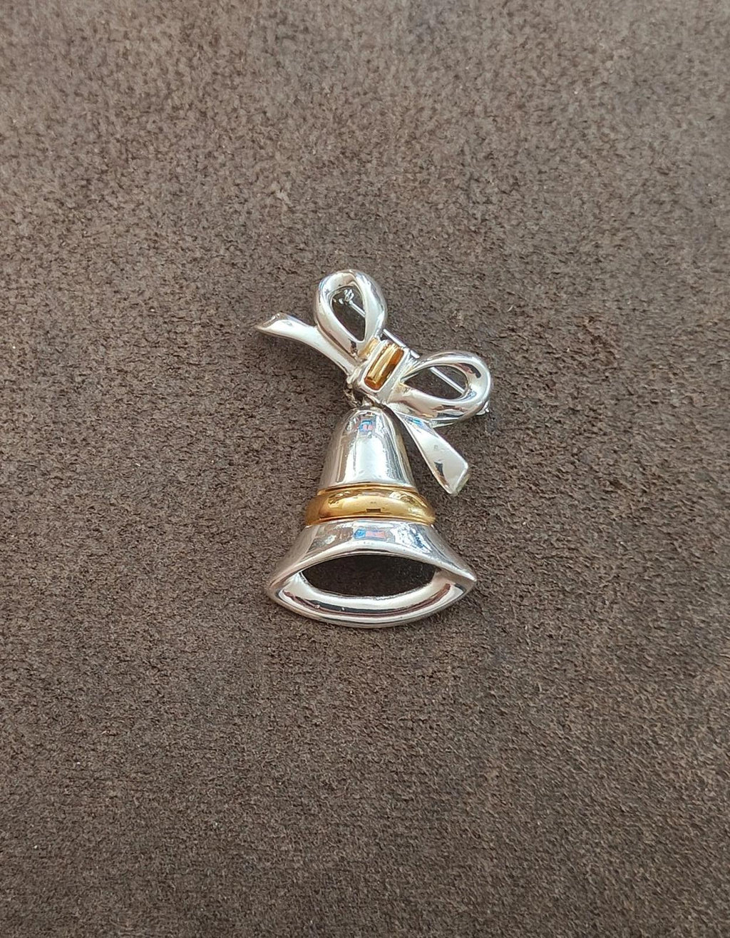 Two-tone Christmas bell bow brooch small standing view, silver and gold-tone metal