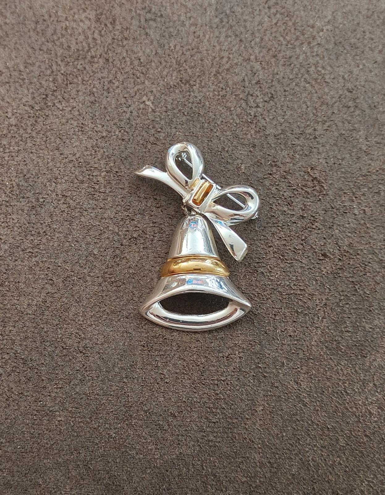 1980s Two Tone Christmas Bell With Bow Brooch