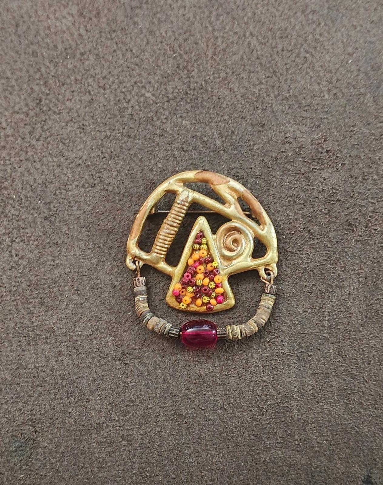Articulated Abstract Modernist With Heishi Beads & Colorful Stones Brooch