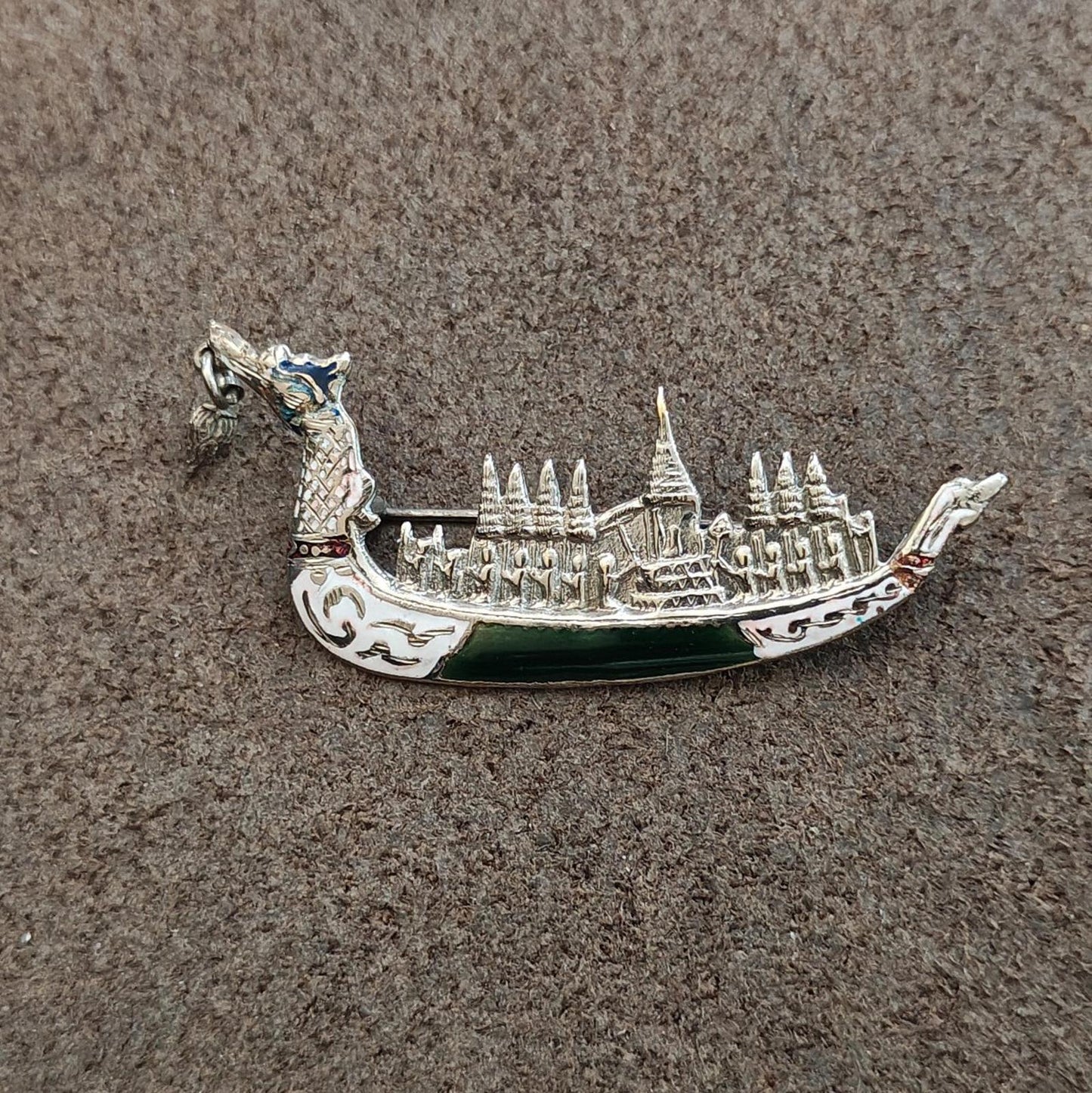 1950's Siam Thai Royal Dragon Sterling Silver Black and White Enamel Brooch