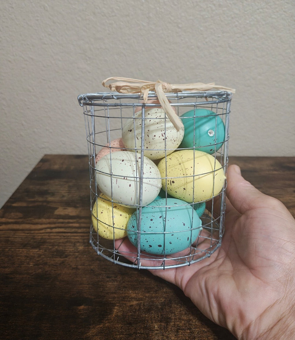 Spring Decorative Easter Eggs In Wire Basket