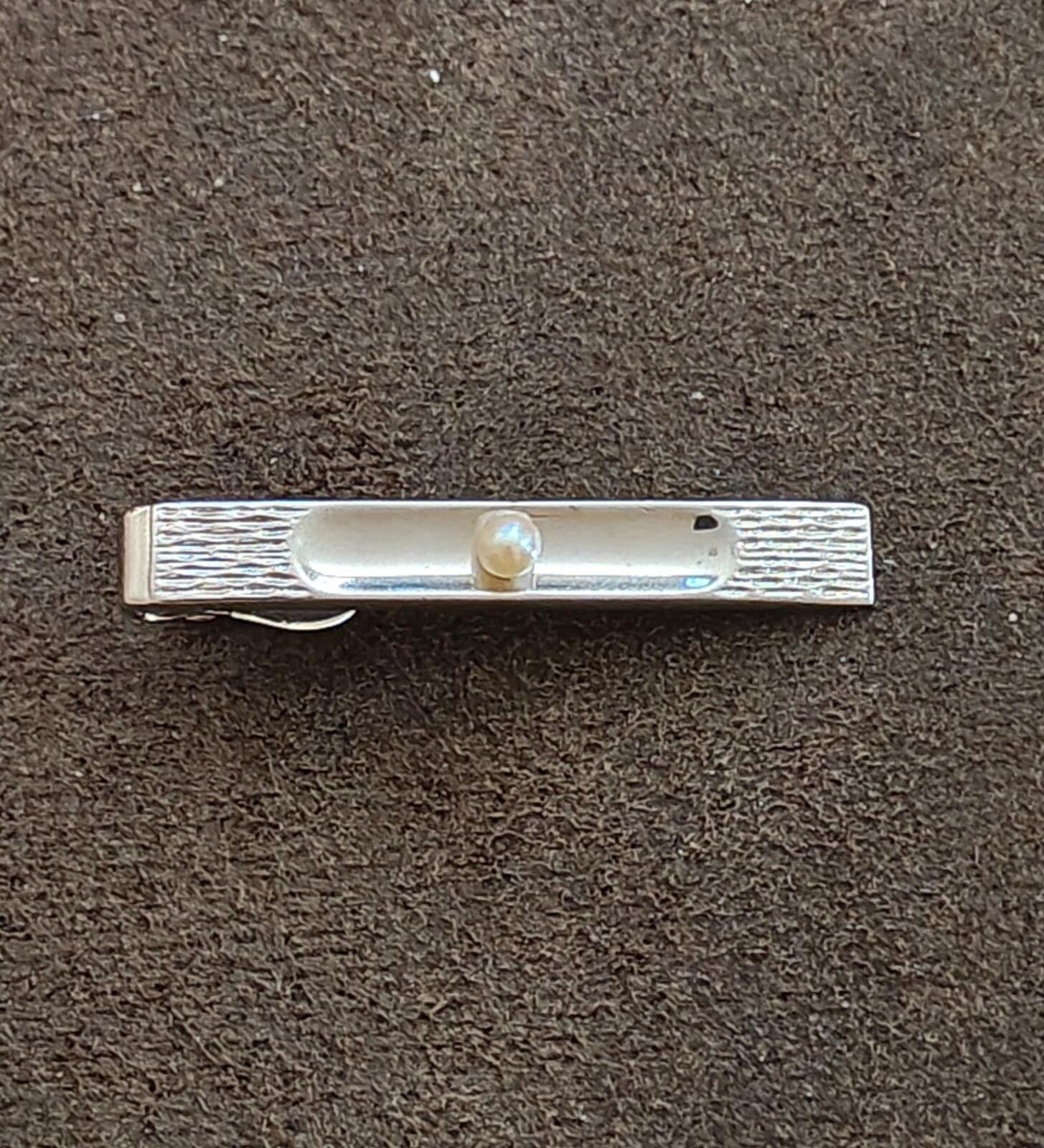 1960s Swank Silver Tone Textured With Centered Pearl