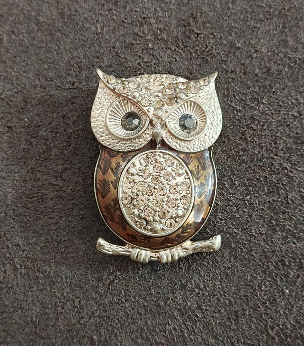 Gold tone owl brooch front view with large oval belly rhinestone panel