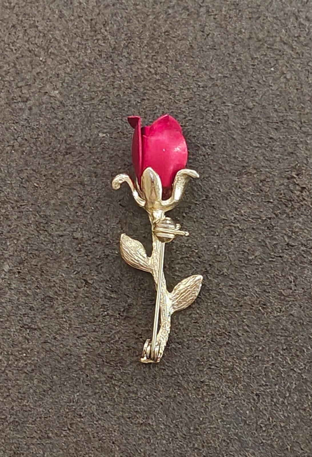 1980s Gold Tone Red Enamel Red Rose Bud With Single Stem Brooch