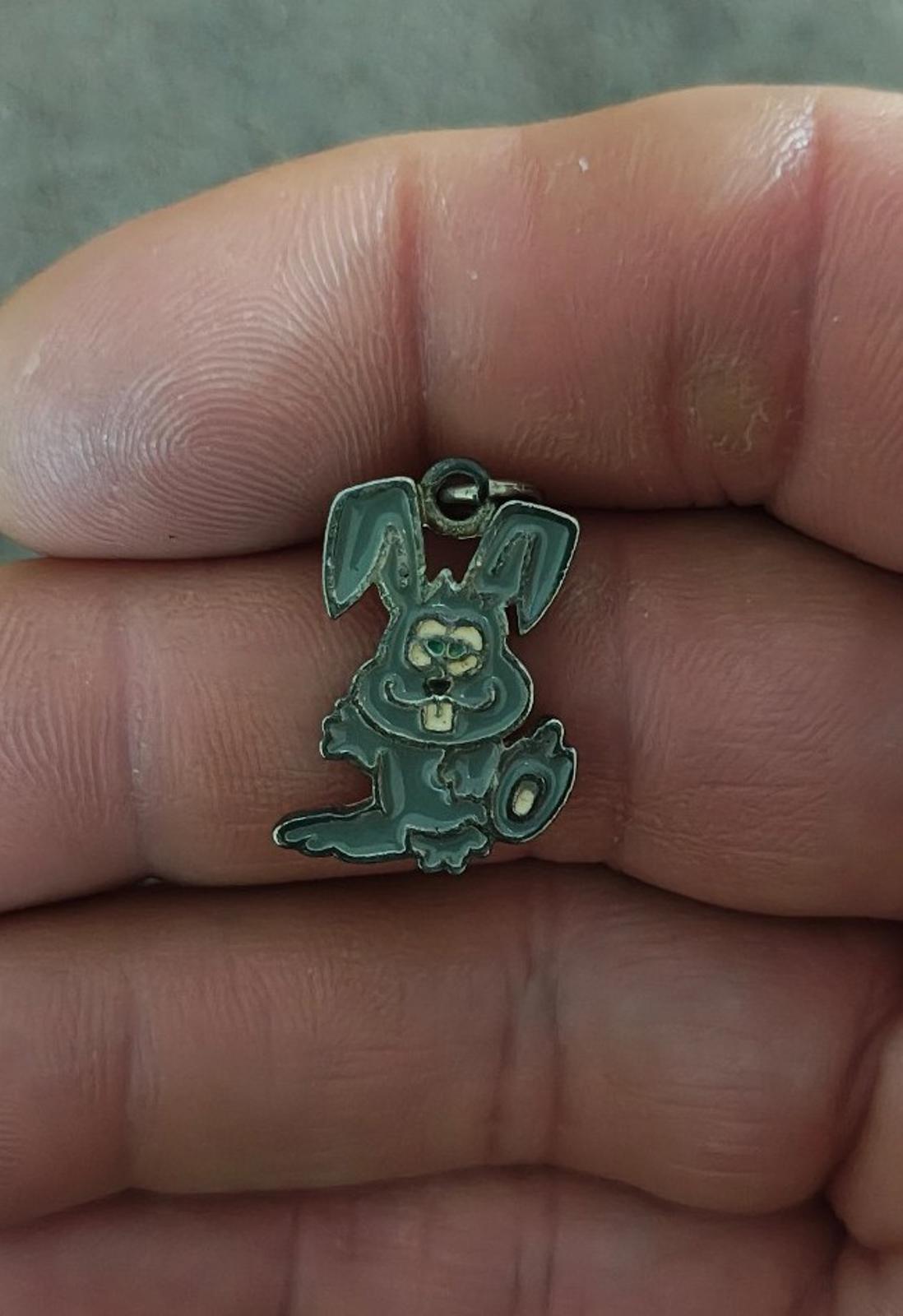 1980s Bunny Rabbit Silver Tone Green Enamel Pendant Charm