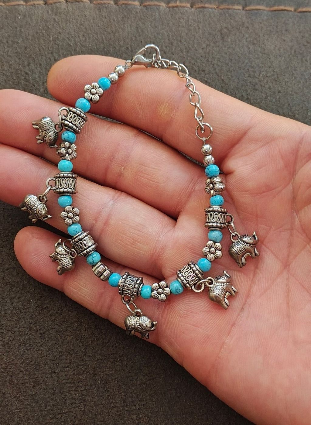 Bohemian Style Turquoise Beaded Elephant Charm Bracelet