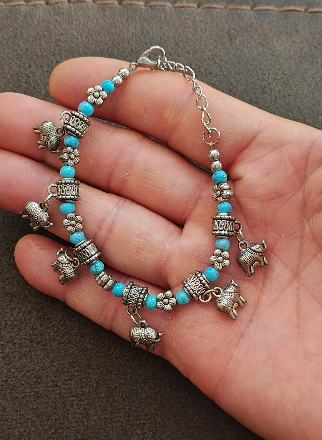 Bohemian Style Turquoise Beaded Elephant Charm Bracelet