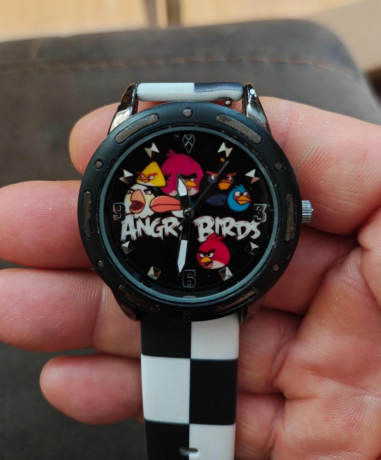 Cool Angry Birds Silver Tone With Black & White Checkered Silicone Band Watch.