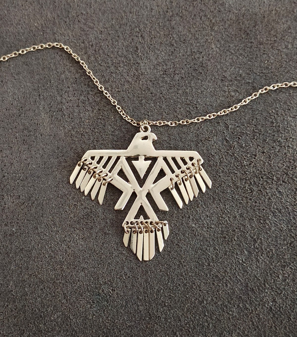 1980s Native American Inspired Geometric Thunderbird Gold Tone Pendant Necklace