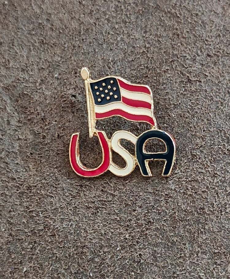 2000 Patriotic Horseshoe Style Letters USA American Flag Enamel Pin