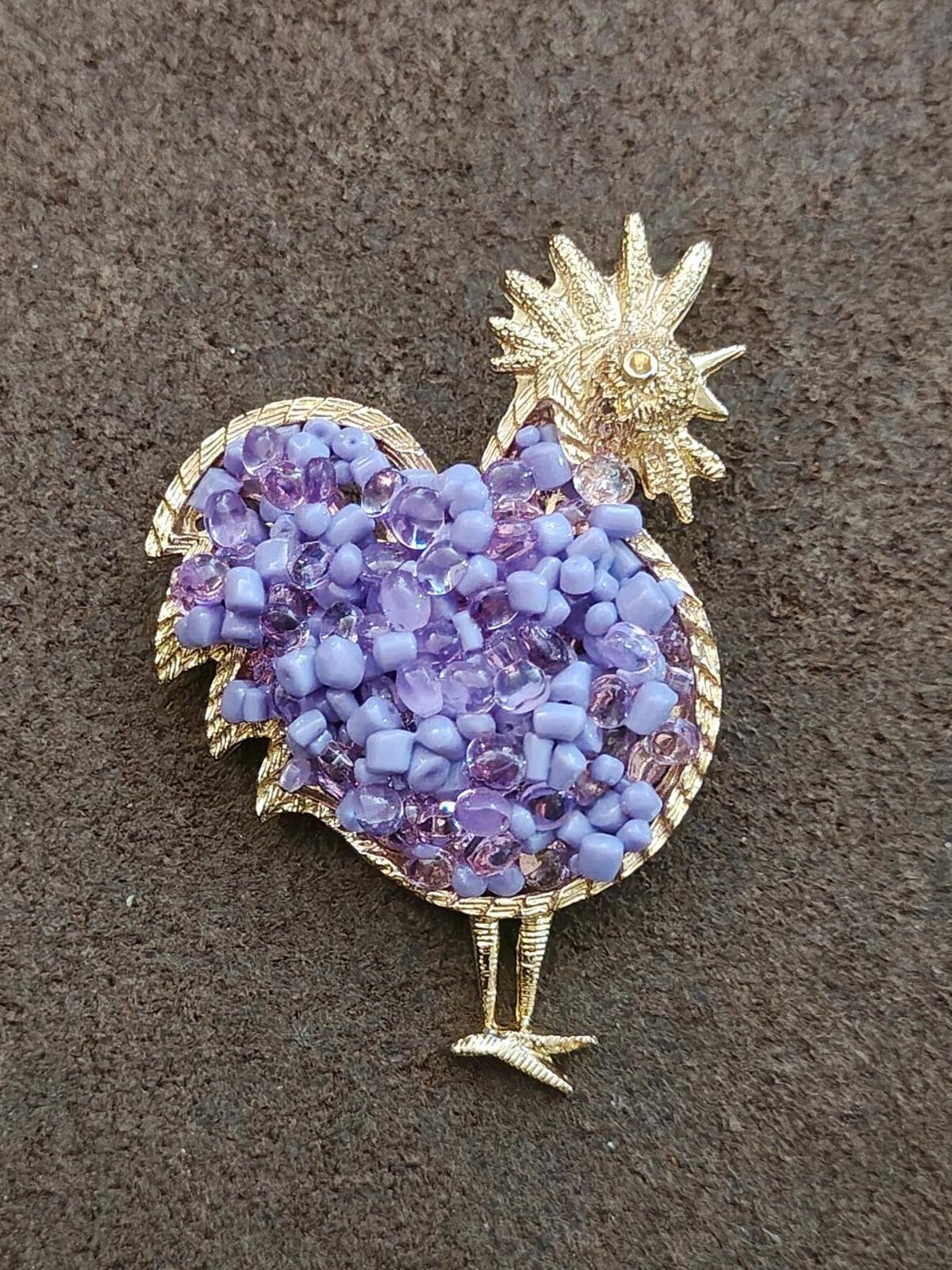 2000s Gold Tone With Purple Beads Rooster Brooch Pin