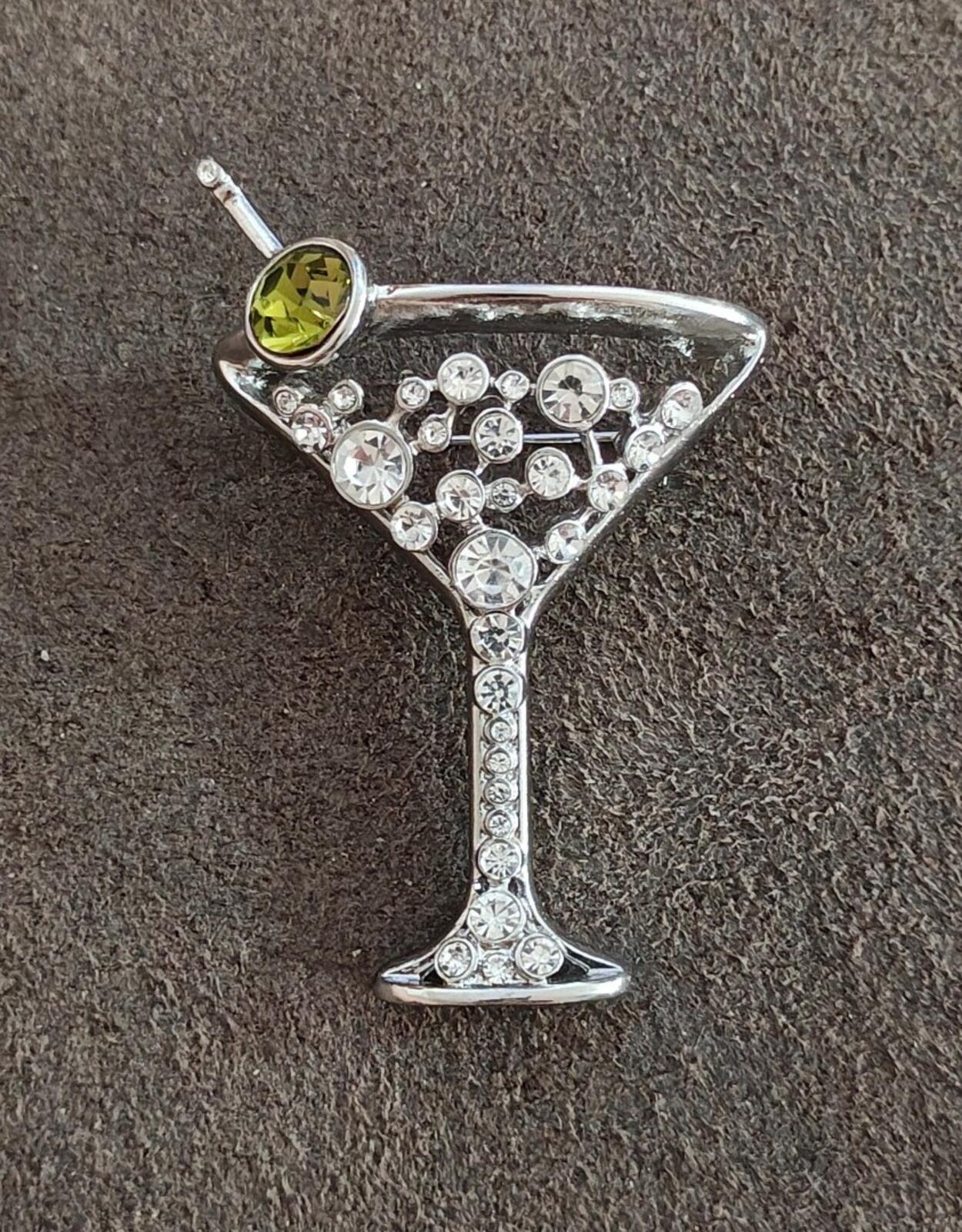 Chico's Silver Tone With Peridot Green Rhinestone Martini Glass Brooch