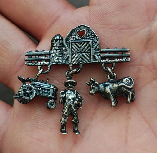 1990s Antiqued Sterling Silver Farm  Charm Dangle Pin