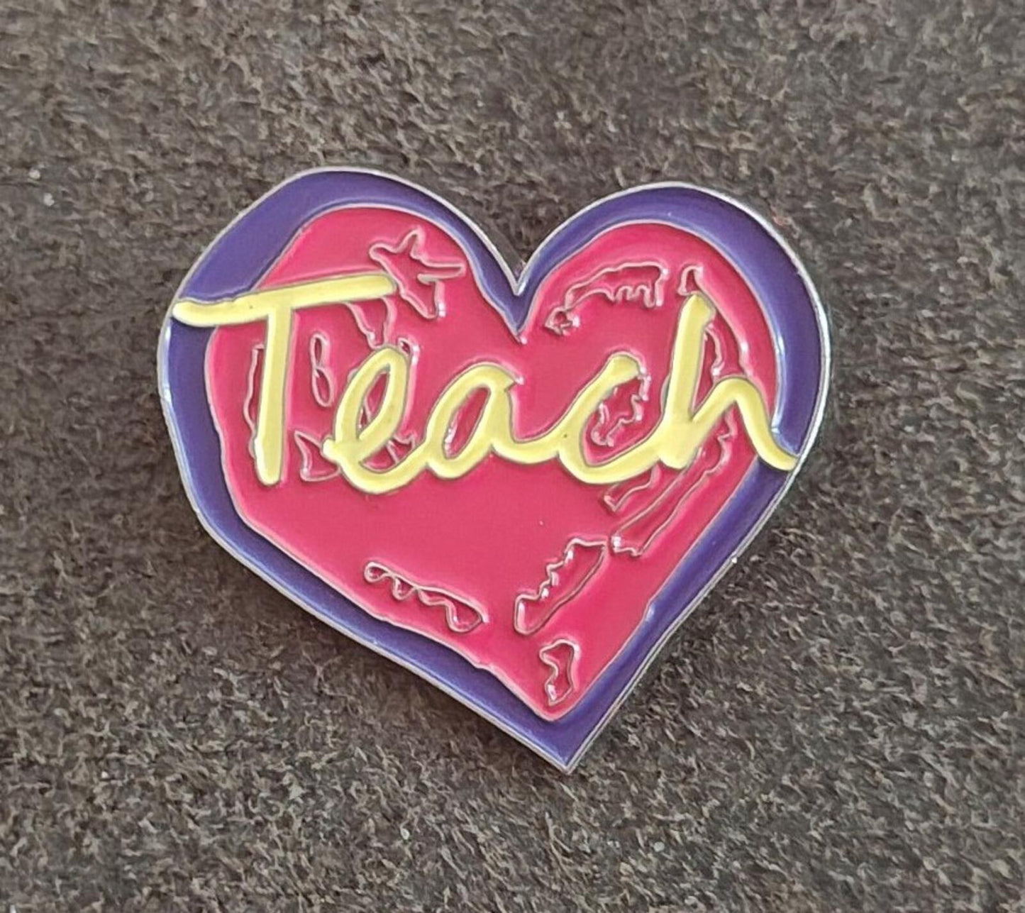 Penzeys "Teach" Heart Pin With Red, Purple & Yellow Enamel