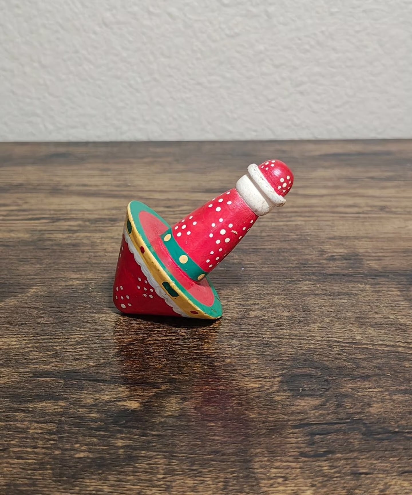 1970s Vintage Folk Art Hand Painted Santa Wooden Spinning Top Toy