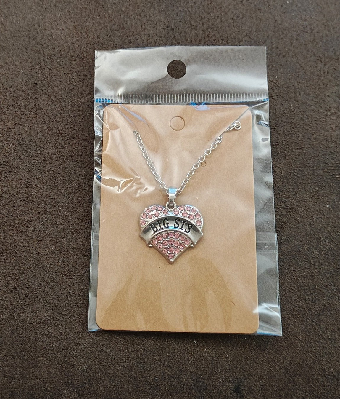 Silver Tone "Big Sis" Crystal Heart Pendant Necklace New On Card
