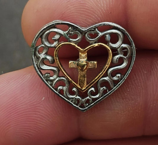 Two Tone Filigree Heart Cross Pin