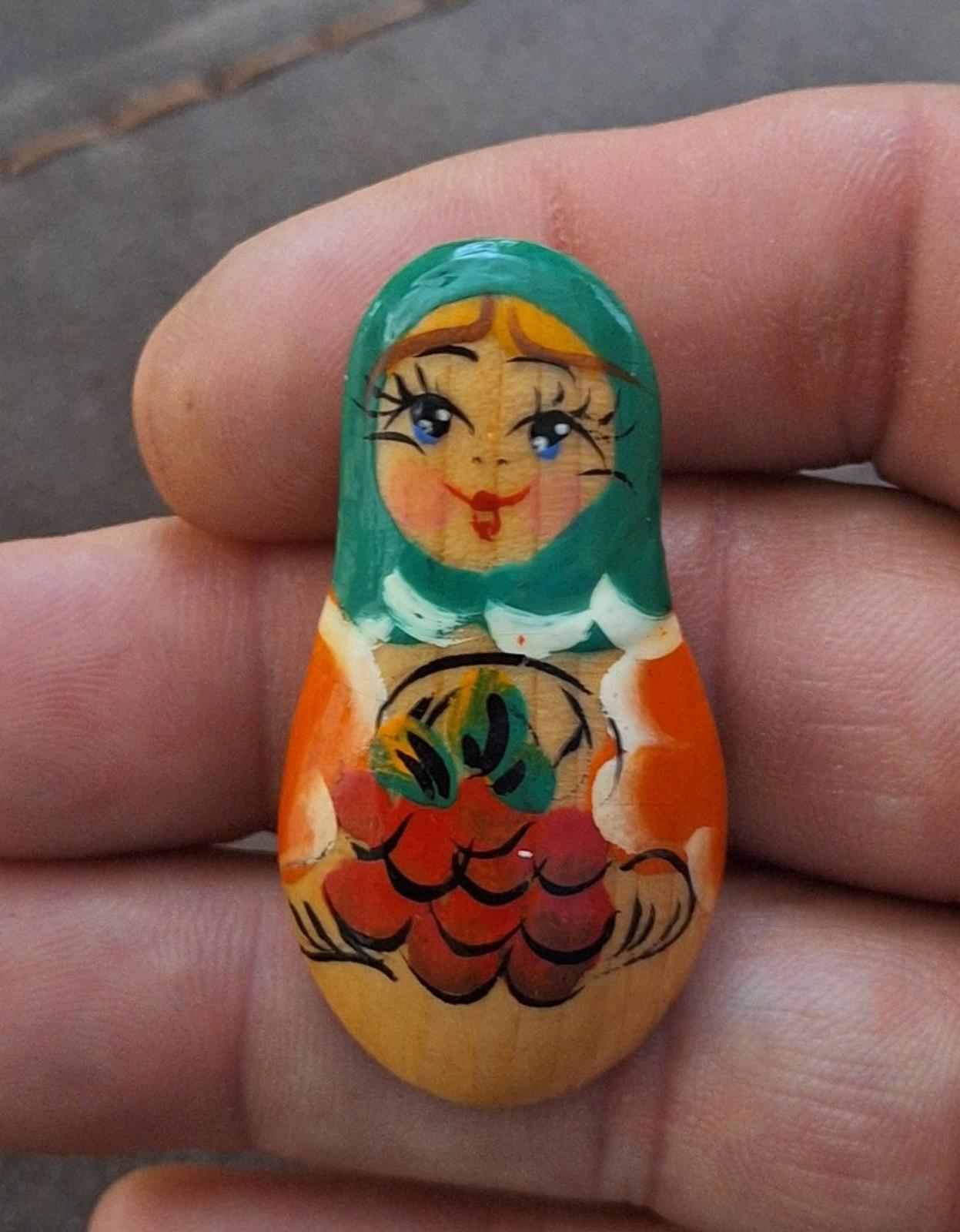 Vintage Wooden Hand Painted Eastern Europe Babushka Brooch