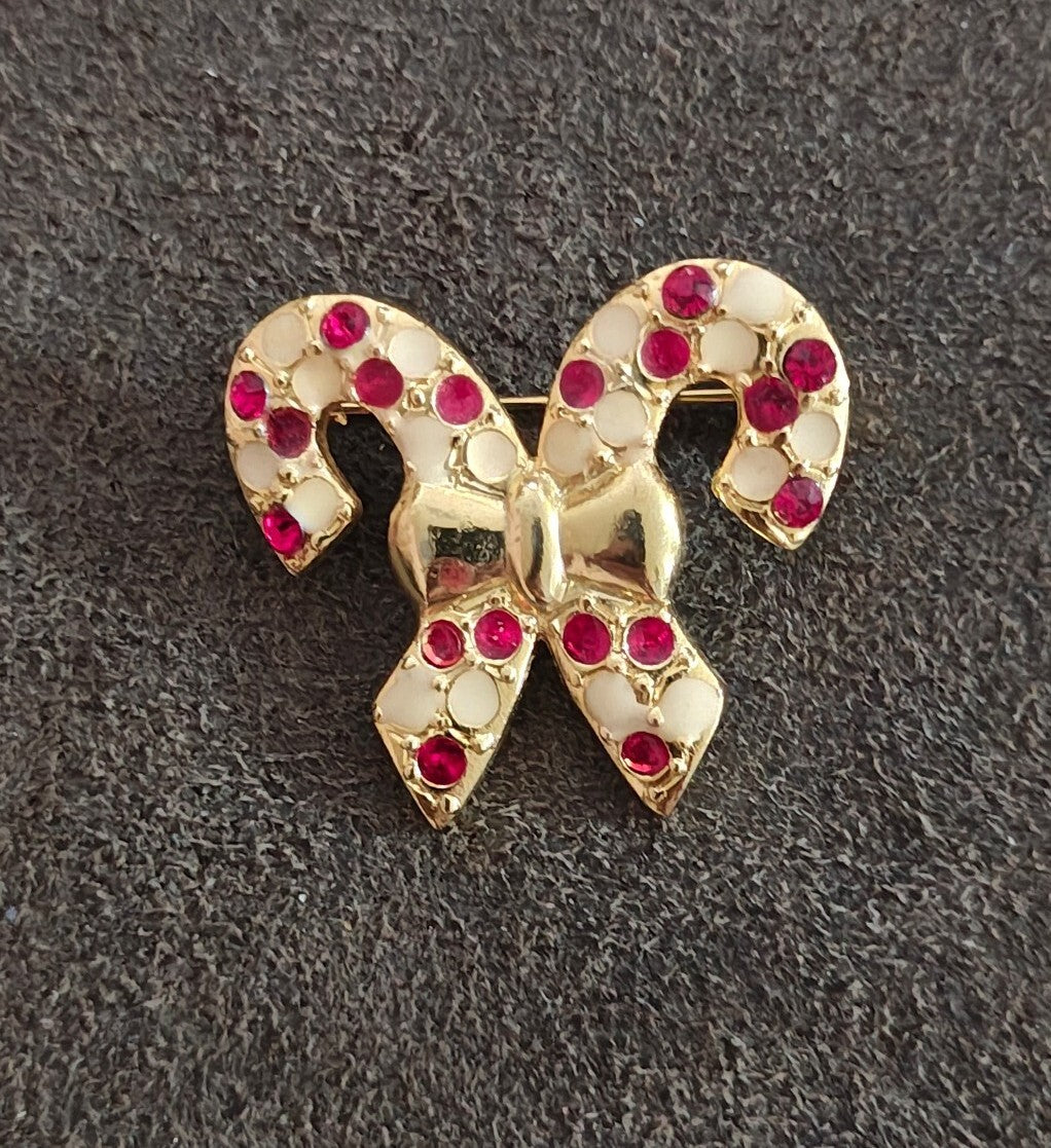 1970s/80s Gold Tone Candy Cane Brooch with Red and White Enamel