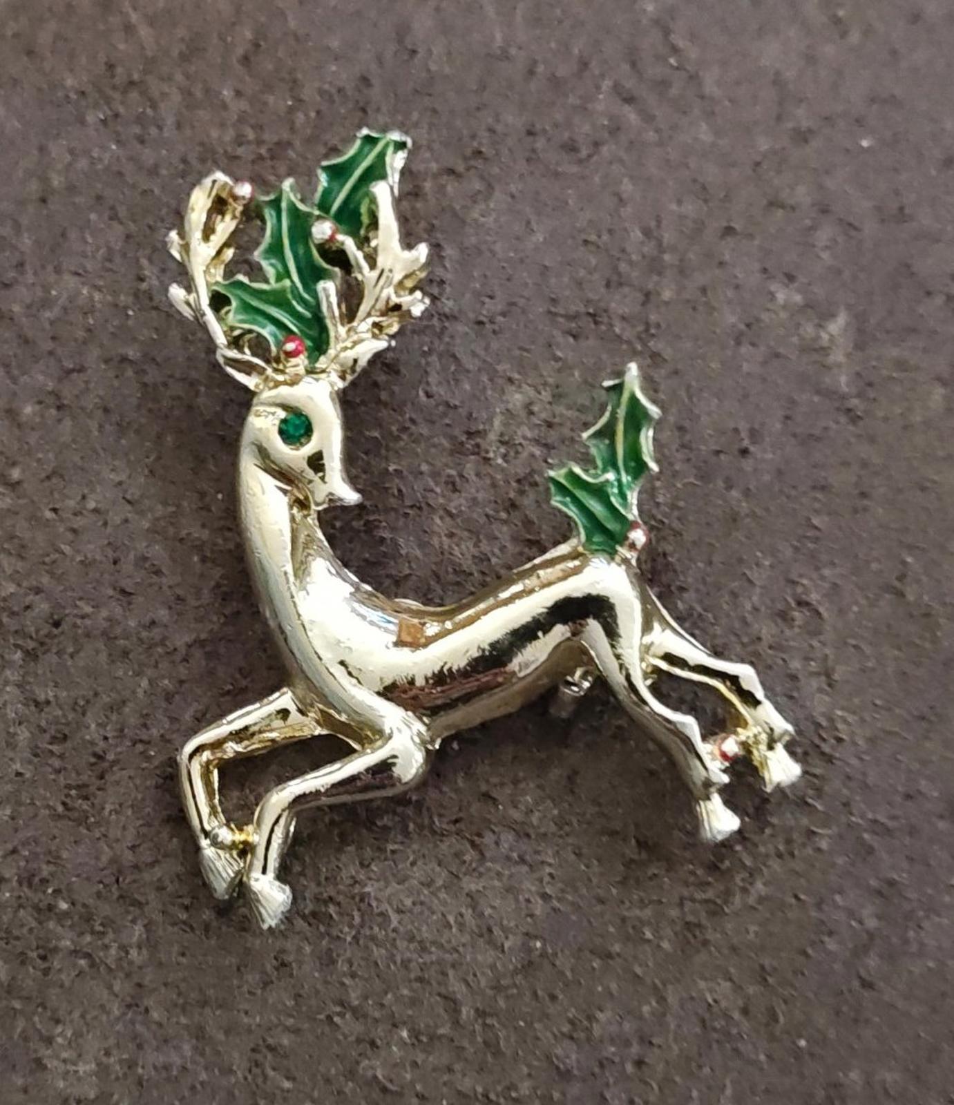 1960s Signed Gerry's Christmas Reindeer Gold Tone Enamel Brooch