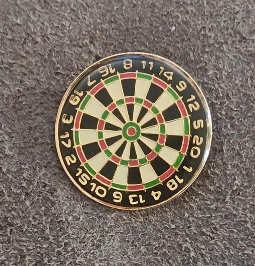 Round gold-tone dartboard enamel pin, multicolor sections and circular number markings on rim.