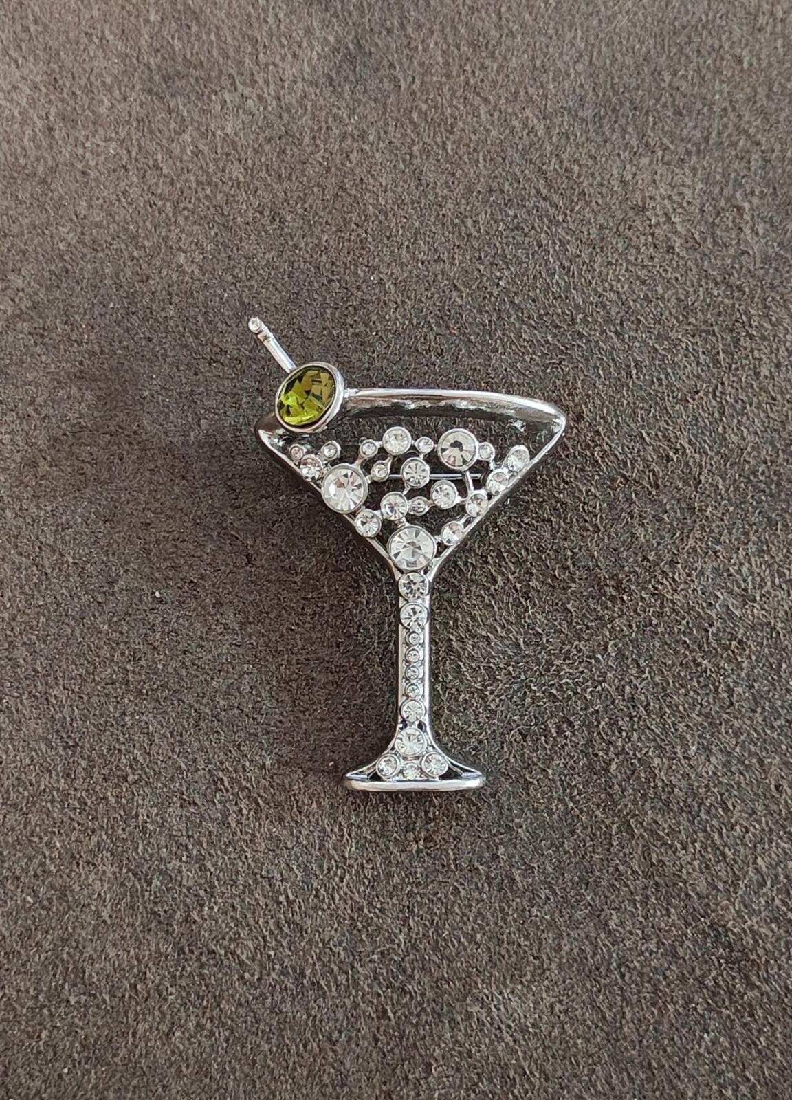 Chico's Silver Tone With Peridot Green Rhinestone Martini Glass Brooch