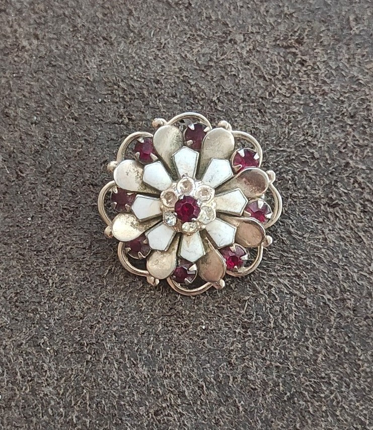 1950s Layered Flower Brooch With Red Rhinestones Gold Tone White Enamel Brooch