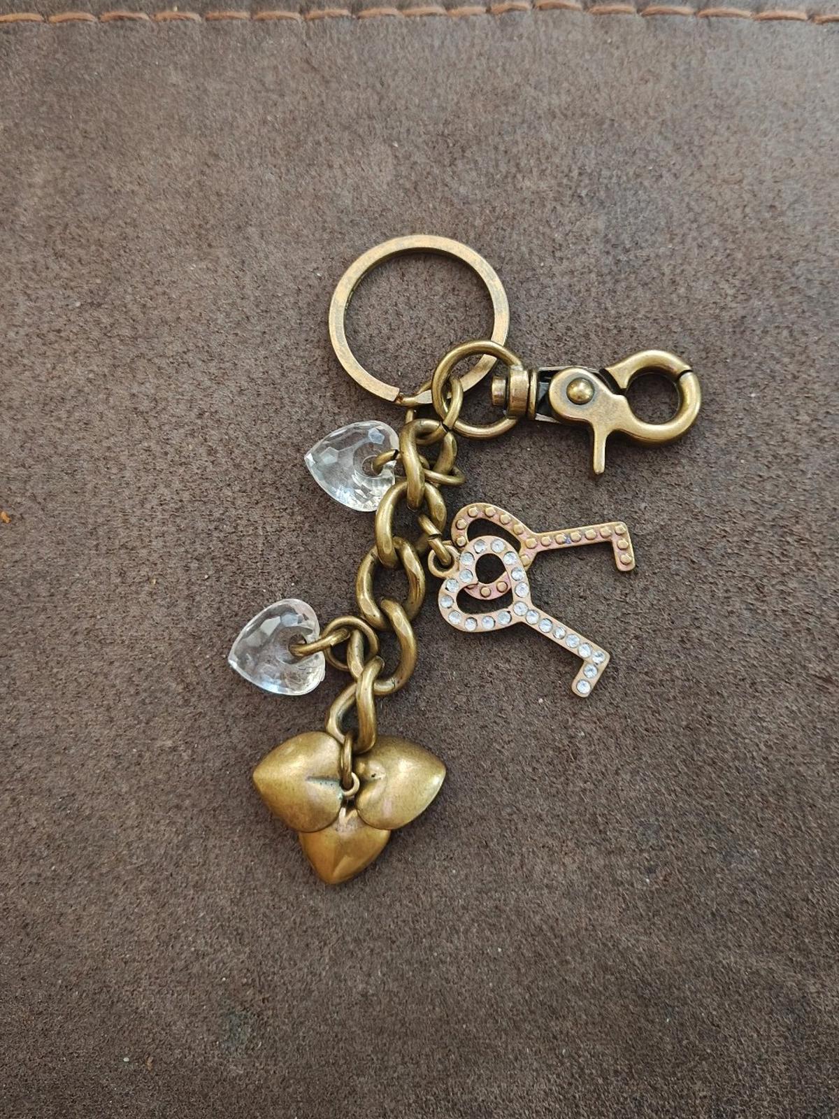 Vintage Inspired Brass Finish Keychain with Heart and Key Charms