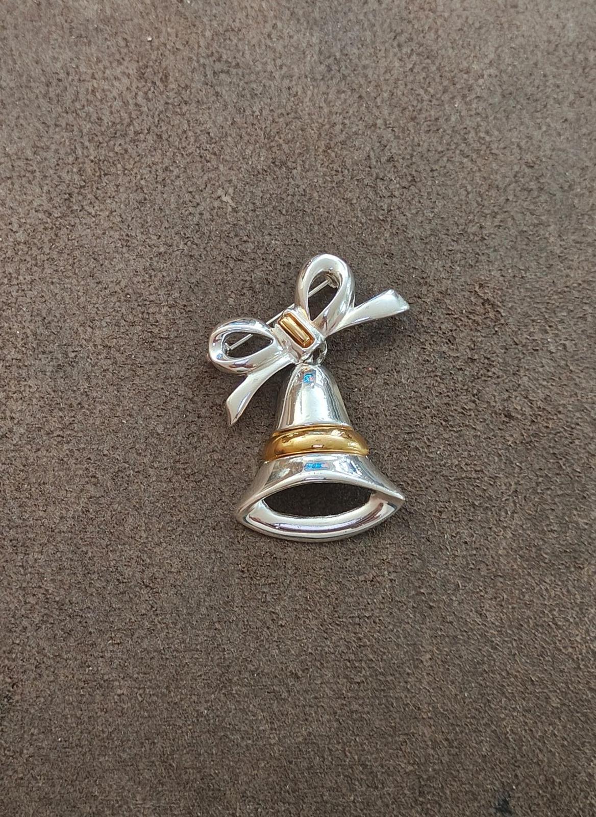 1980s Two Tone Christmas Bell With Bow Brooch