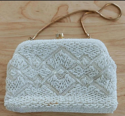 Beautiful 1950s-60s Vintage White Beaded Clutch Purse Made In Hong Kong