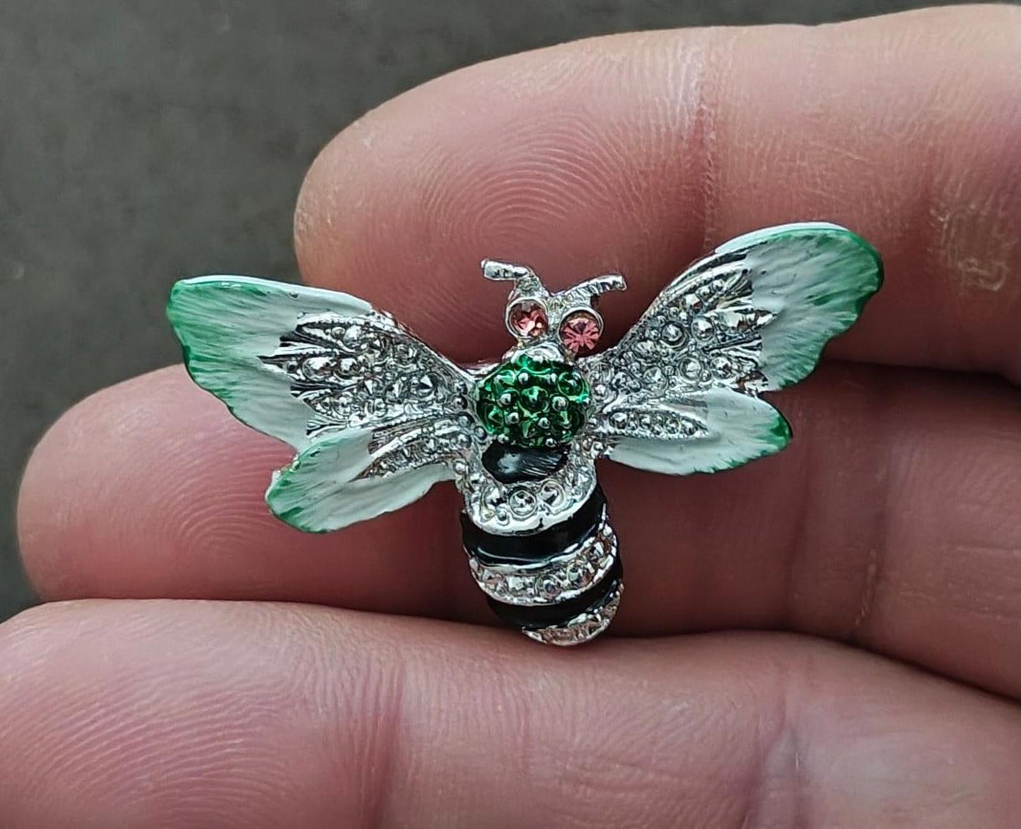 1980s Silver Tone Bumblebee With Pink Rhinestone Eyes Enamel Brooch Pin