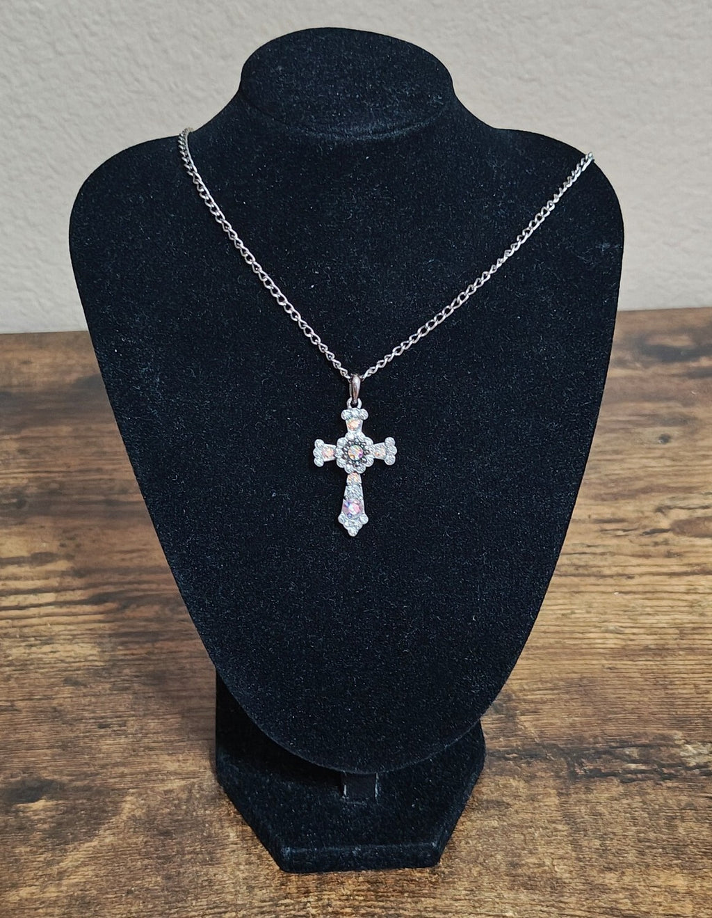 1990s Filigree With Aurora Borealis Rhinestones Silver Tone Cross Necklace