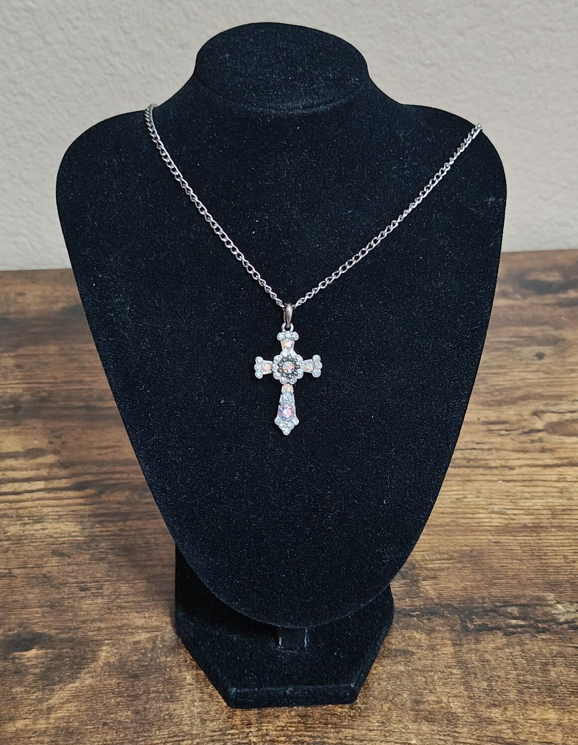 1990s Filigree With Aurora Borealis Rhinestones Silver Tone Cross Necklace