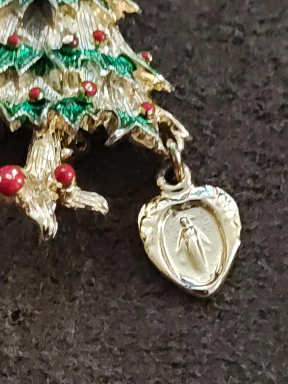 1960s Christmas Tree Brooch Featuring a Dangling Miraculous Medal Charm