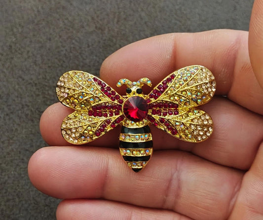 Vintage Bumblebee Style Gold Tone With Sparkling Iridescent and Red Rhinestones Brooch Pin