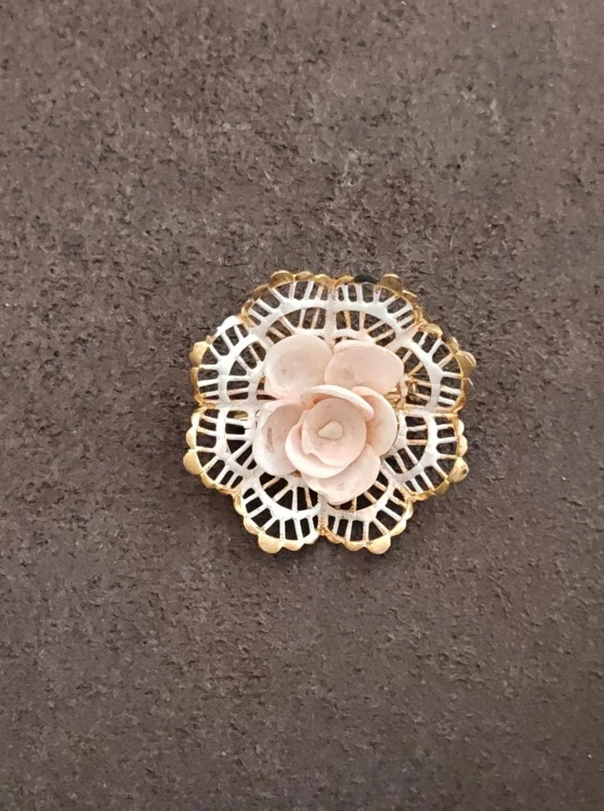 1960s Gold Tone Filigree Pink Rose Brooch
