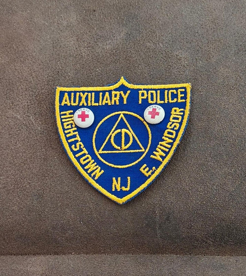 Auxiliary police embroidered patch in blue with yellow trim, Highstown NJ and E. Windsor