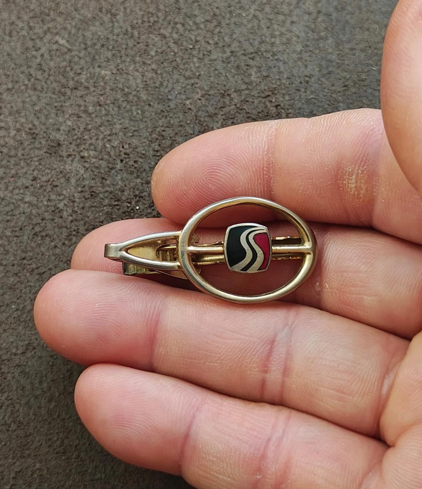 1980s Gold Tone Enamel Highway Tie Clip
