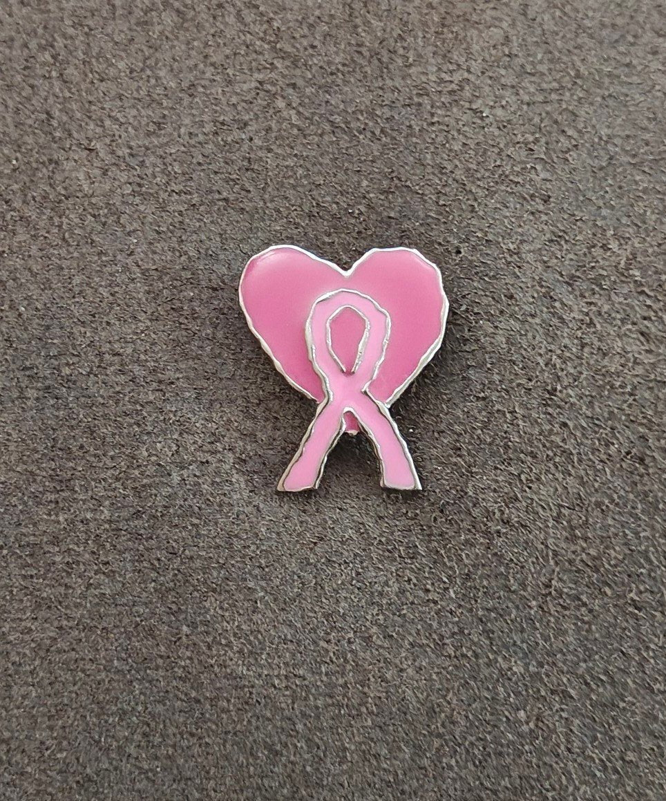 Pink Breast Cancer Awareness Ribbon Heart Silver Tone Enamel Pin